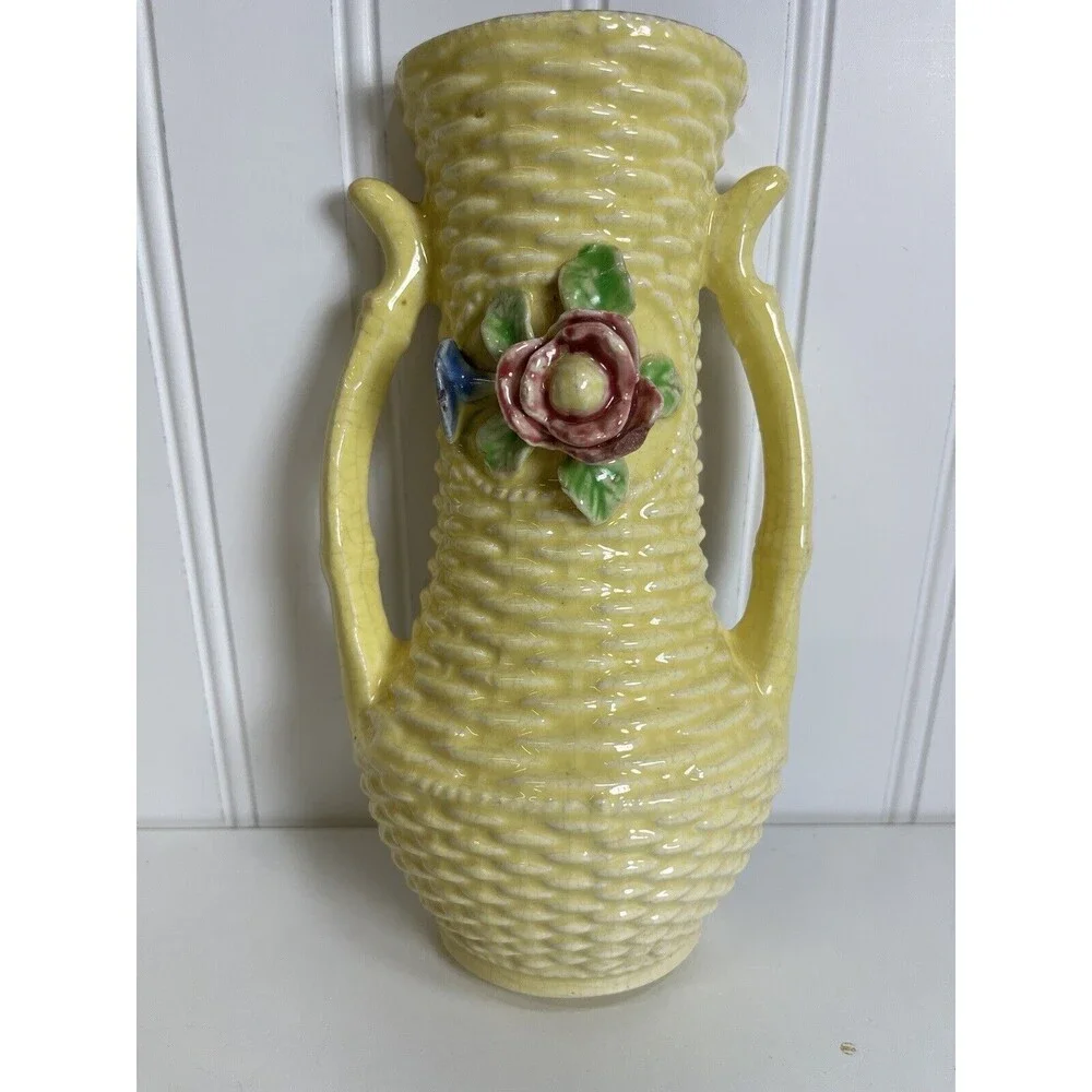 Vintage Japanese Basketweave Yellow Wall Pocket with Pink/Blue Flowers.